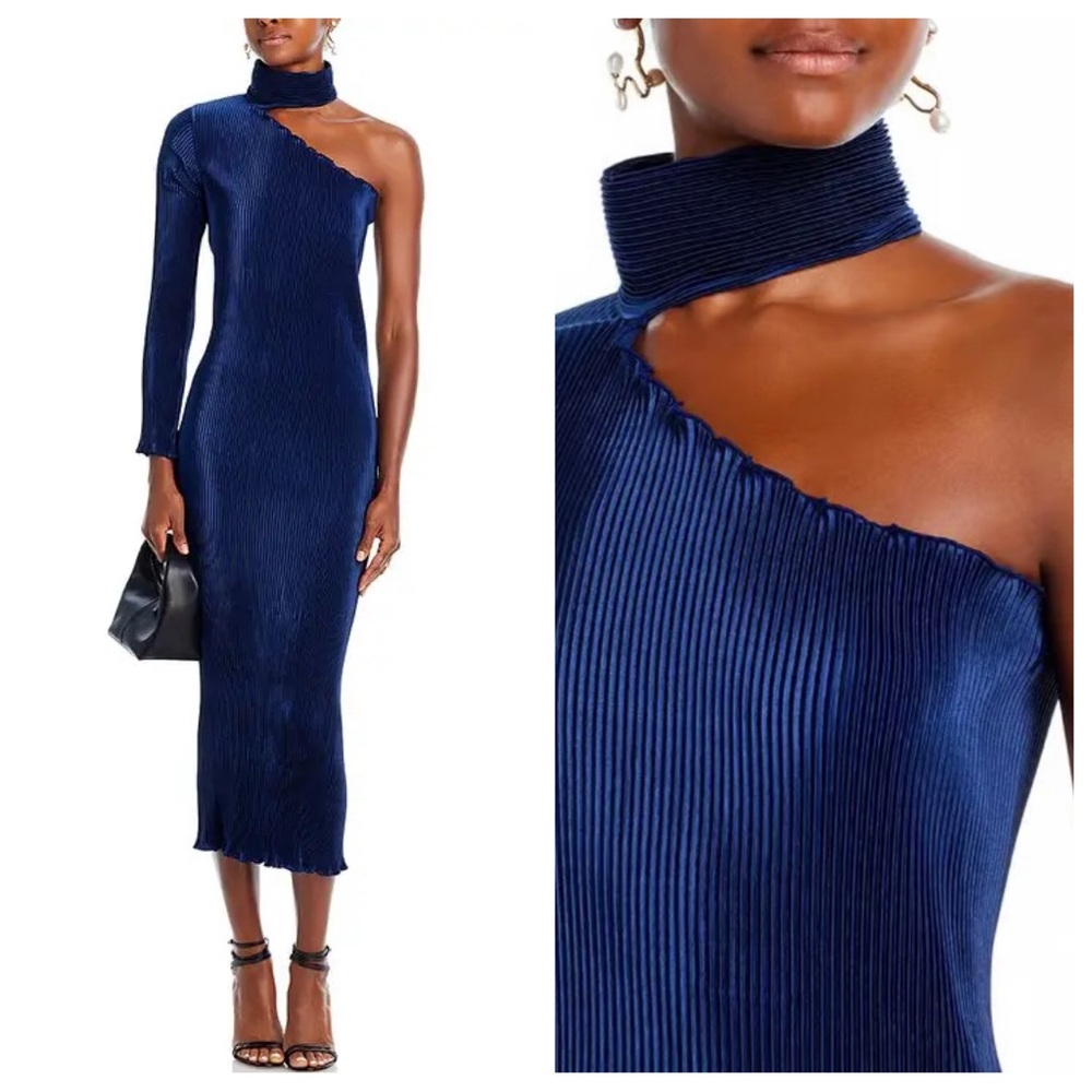 L’idee 90’s Gown Sleeved One Shoulder Dress in Midnight Blue